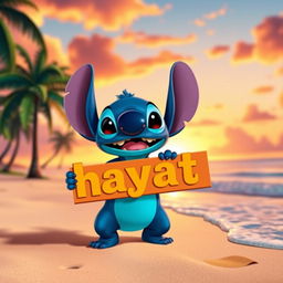 A colorful and imaginative scene featuring the character Stitch from Lilo & Stitch, holding a sign that says 'hayat' in bold, playful letters