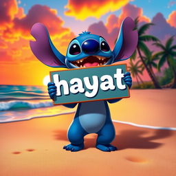 A colorful and imaginative scene featuring the character Stitch from Lilo & Stitch, holding a sign that says 'hayat' in bold, playful letters