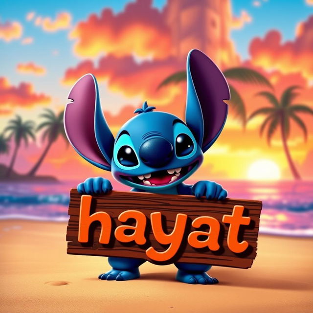 A colorful and imaginative scene featuring the character Stitch from Lilo & Stitch, holding a sign that says 'hayat' in bold, playful letters