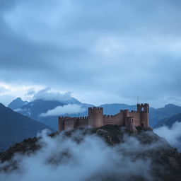 A stunning view of Babak Castle in Iran, set against a dramatic mountain backdrop