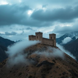 A stunning view of Babak Castle in Iran, set against a dramatic mountain backdrop