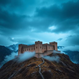 A stunning view of Babak Castle in Iran, set against a dramatic mountain backdrop