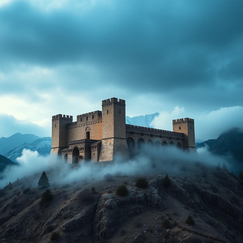 A stunning view of Babak Castle in Iran, set against a dramatic mountain backdrop