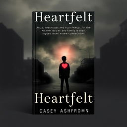 A poignant book cover for "Heartfelt" featuring a somber urban landscape with dark tones