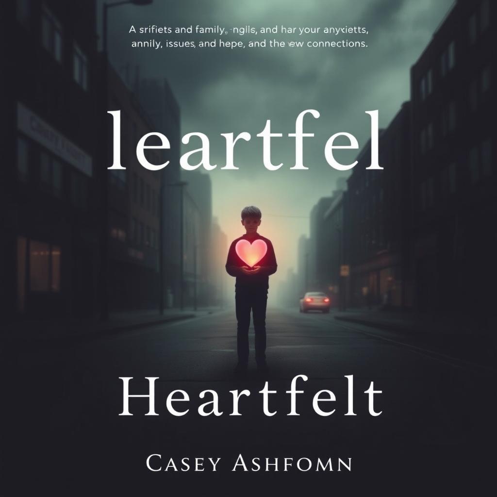 A poignant book cover for "Heartfelt" featuring a somber urban landscape with dark tones