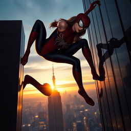 A sexy female spider-themed character, inspired by the Spider-Man movie, dressed in a form-fitting Spider-Man costume