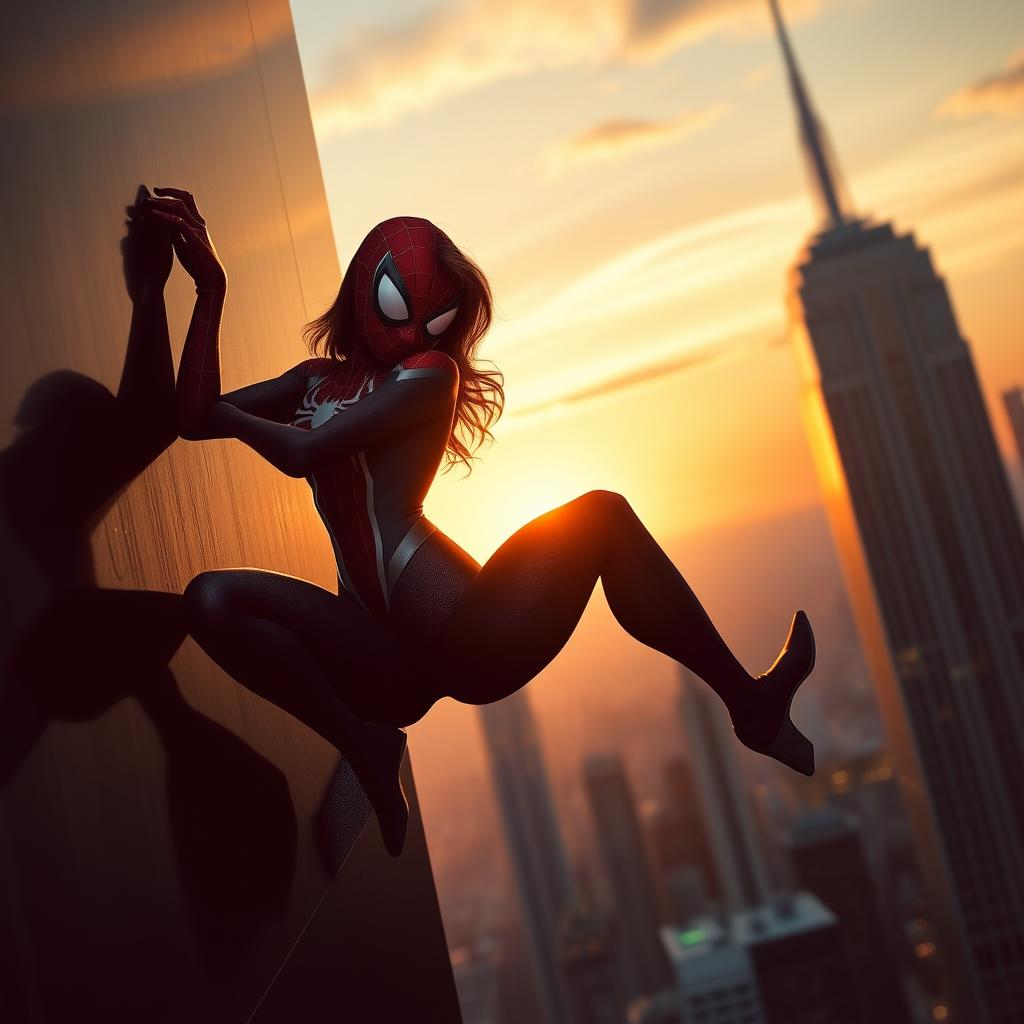 A sexy female spider-themed character, inspired by the Spider-Man movie, dressed in a form-fitting Spider-Man costume