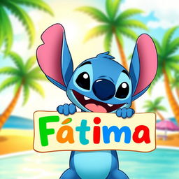 A vibrant and colorful illustration of a cartoon character resembling Stitch from Lilo & Stitch, joyfully holding a sign that says 'Fátima'