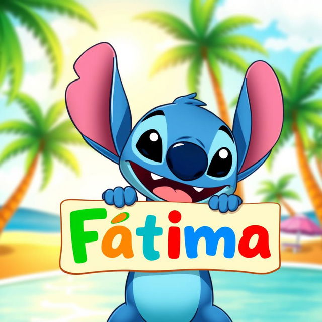 A vibrant and colorful illustration of a cartoon character resembling Stitch from Lilo & Stitch, joyfully holding a sign that says 'Fátima'