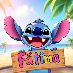 A vibrant and colorful illustration of a cartoon character resembling Stitch from Lilo & Stitch, joyfully holding a sign that says 'Fátima'