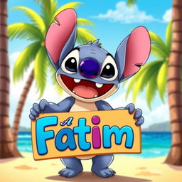 A vibrant and colorful illustration of a cartoon character resembling Stitch from Lilo & Stitch, joyfully holding a sign that says 'Fátima'