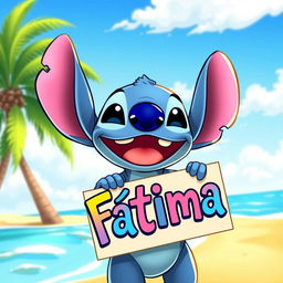 A vibrant and colorful illustration of a cartoon character resembling Stitch from Lilo & Stitch, joyfully holding a sign that says 'Fátima'