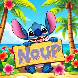 Stitch from Lilo & Stitch, in a bright and colorful tropical setting, joyfully holding a large sign that says 'Nour' in bold, playful letters