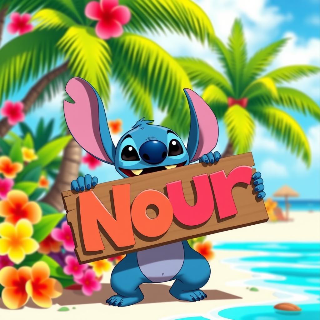 Stitch from Lilo & Stitch, in a bright and colorful tropical setting, joyfully holding a large sign that says 'Nour' in bold, playful letters