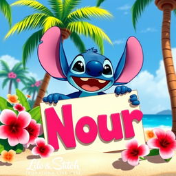 Stitch from Lilo & Stitch, in a bright and colorful tropical setting, joyfully holding a large sign that says 'Nour' in bold, playful letters