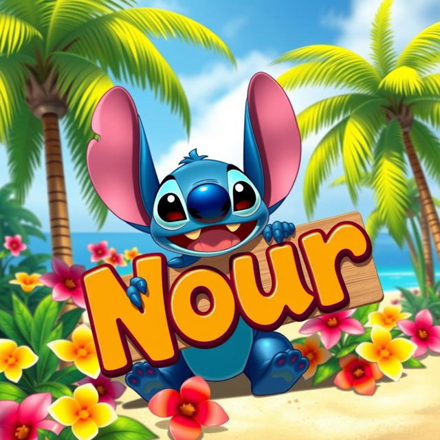 Stitch from Lilo & Stitch, in a bright and colorful tropical setting, joyfully holding a large sign that says 'Nour' in bold, playful letters