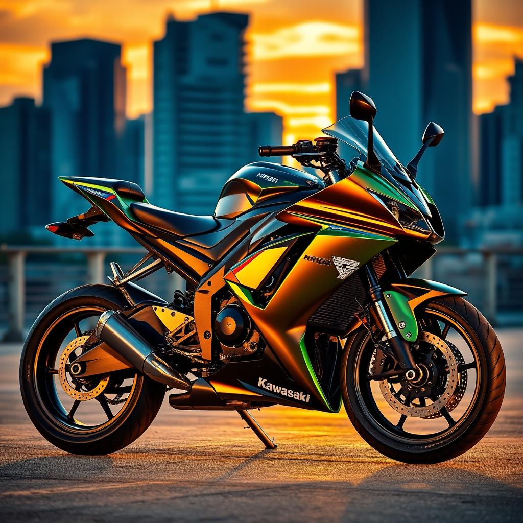 A stunning and detailed depiction of a Kawasaki Ninja motorcycle, showcasing its sleek and aerodynamic design