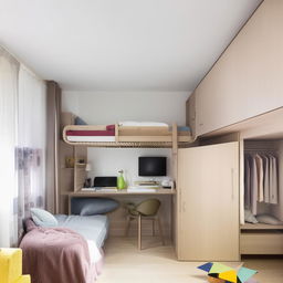 Compact 3x4 room with a cozy bunk bed, under which is a versatile study and work area. The space also includes a television, comfortable sofa, extra wardrobes, and a variety of books