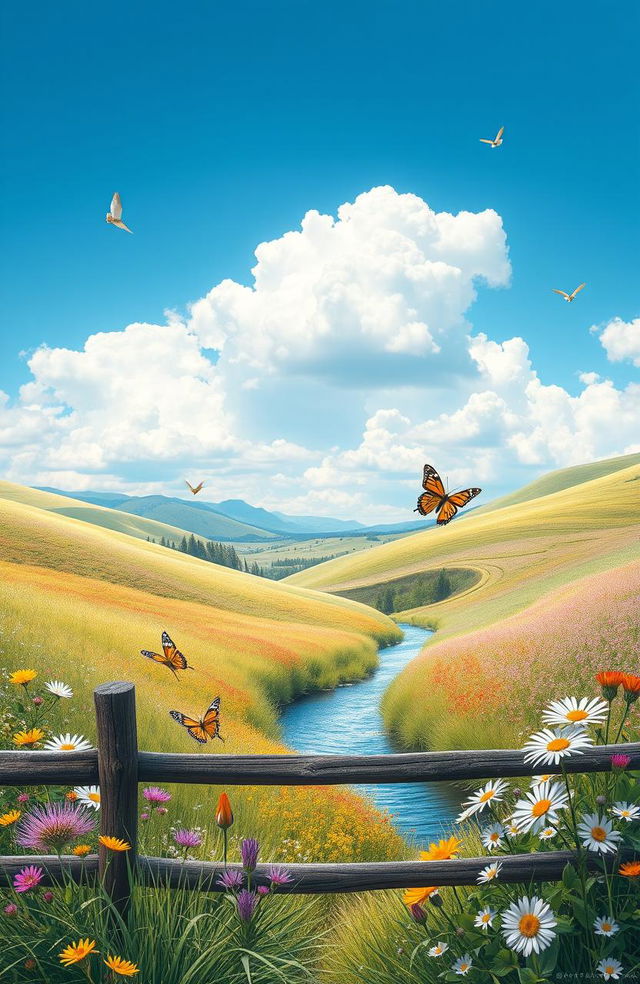 An artful composition featuring a beautiful serene landscape with rolling hills, vibrant wildflowers in full bloom, a clear blue sky with fluffy white clouds, and a narrow winding river reflecting the sunlight