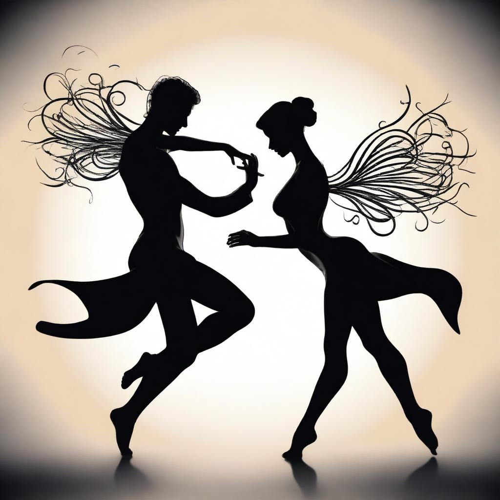 A high-quality digital art image showcasing two silhouettes in a dynamic tango pose