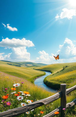 An artful composition featuring a beautiful serene landscape with rolling hills, vibrant wildflowers in full bloom, a clear blue sky with fluffy white clouds, and a narrow winding river reflecting the sunlight