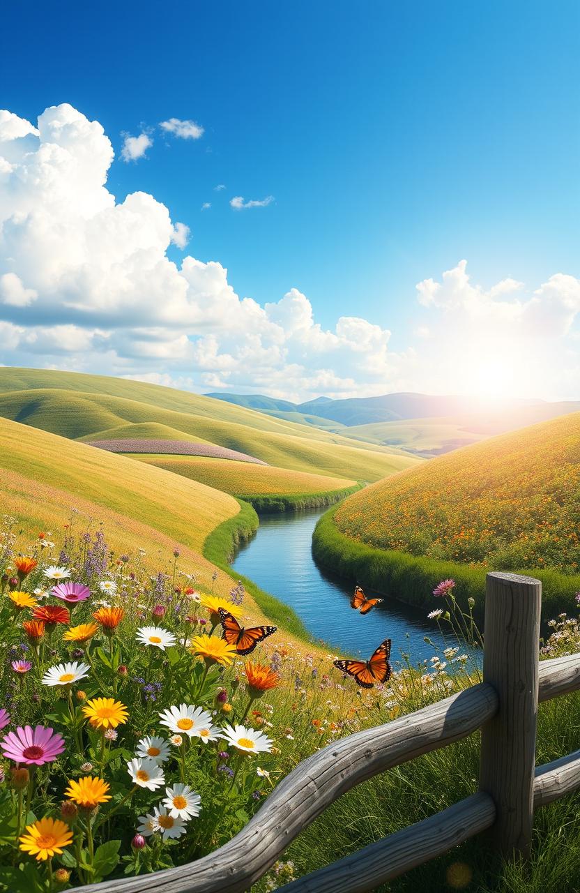 An artful composition featuring a beautiful serene landscape with rolling hills, vibrant wildflowers in full bloom, a clear blue sky with fluffy white clouds, and a narrow winding river reflecting the sunlight