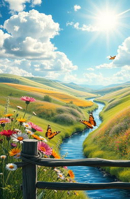 An artful composition featuring a beautiful serene landscape with rolling hills, vibrant wildflowers in full bloom, a clear blue sky with fluffy white clouds, and a narrow winding river reflecting the sunlight