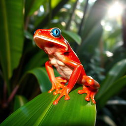 A vibrant red frog with striking blue eyes, captured mid-roar in a dynamic pose