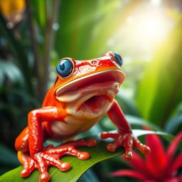 A vibrant red frog with striking blue eyes, captured mid-roar in a dynamic pose