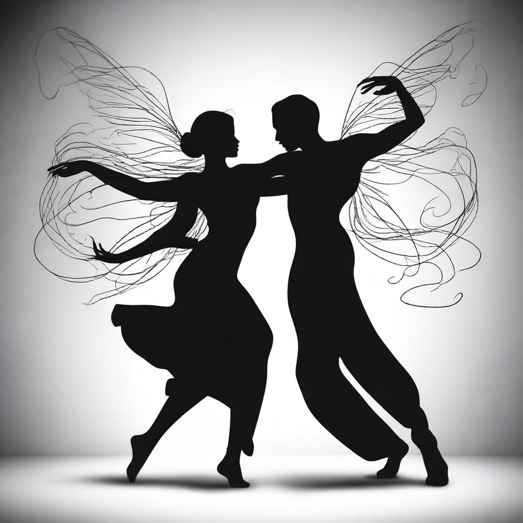 A high-quality digital art image showcasing two silhouettes in a dynamic tango pose