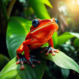 A vibrant red frog with striking blue eyes, captured mid-roar in a dynamic pose