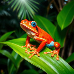 A vibrant red frog with striking blue eyes, captured mid-roar in a dynamic pose