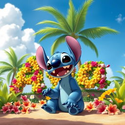 A joyful scene featuring a character named Stitch from the animated series Lilo & Stitch, full of energy and happiness, sitting in a paradise-like tropical landscape