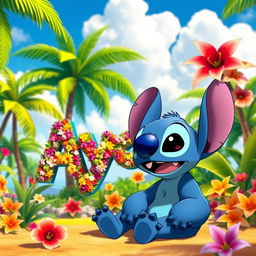 A joyful scene featuring a character named Stitch from the animated series Lilo & Stitch, full of energy and happiness, sitting in a paradise-like tropical landscape