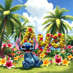 A joyful scene featuring a character named Stitch from the animated series Lilo & Stitch, full of energy and happiness, sitting in a paradise-like tropical landscape