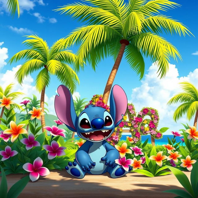 A joyful scene featuring a character named Stitch from the animated series Lilo & Stitch, full of energy and happiness, sitting in a paradise-like tropical landscape