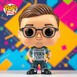 A vibrant Funko Pop style figure of a 35-year-old male systems engineer, showcasing a cheerful expression and stylish glasses