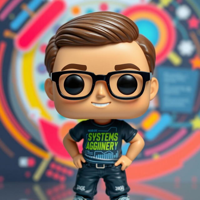 A vibrant Funko Pop style figure of a 35-year-old male systems engineer, showcasing a cheerful expression and stylish glasses