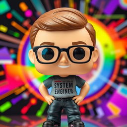 A vibrant Funko Pop style figure of a 35-year-old male systems engineer, showcasing a cheerful expression and stylish glasses