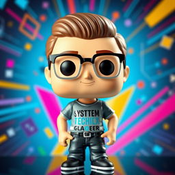 A vibrant Funko Pop style figure of a 35-year-old male systems engineer, showcasing a cheerful expression and stylish glasses