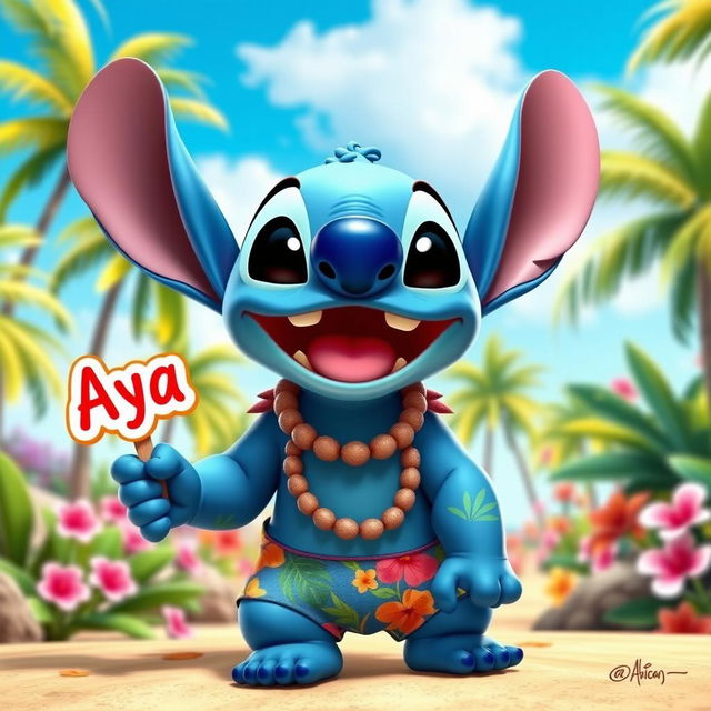 A joyful character inspired by the Stitch character from Disney, featuring bright blue skin, large ears, and a playful expression