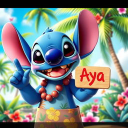 A joyful character inspired by the Stitch character from Disney, featuring bright blue skin, large ears, and a playful expression