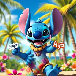 A joyful character inspired by the Stitch character from Disney, featuring bright blue skin, large ears, and a playful expression