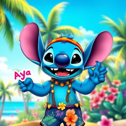 A joyful character inspired by the Stitch character from Disney, featuring bright blue skin, large ears, and a playful expression