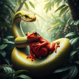 A vibrant and surreal image featuring a large, majestic snake intertwined with a bright red frog