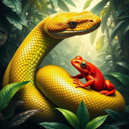 A vibrant and surreal image featuring a large, majestic snake intertwined with a bright red frog