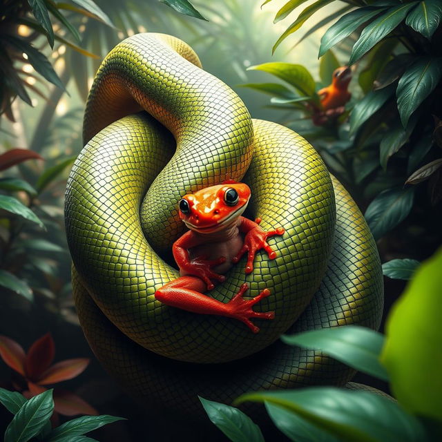 A vibrant and surreal image featuring a large, majestic snake intertwined with a bright red frog