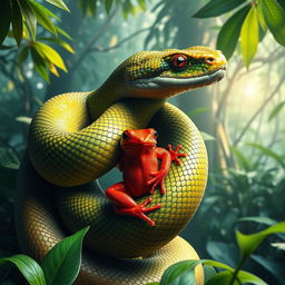 A vibrant and surreal image featuring a large, majestic snake intertwined with a bright red frog