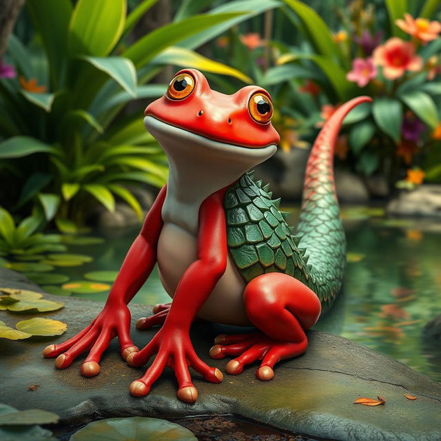 A fascinating hybrid creature that combines features of a red frog and a crocodile