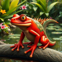 A fascinating hybrid creature that combines features of a red frog and a crocodile